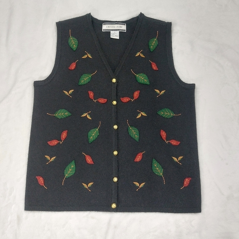 CRYSTAL KOBE WOMEN VTG BLACK FELT LEAF EMBROIDERED BUTTON FRONT SWEATER VEST S